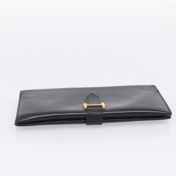 HERMES Bairn Classic Long Wallet Leather Black Gold Auth bs38071