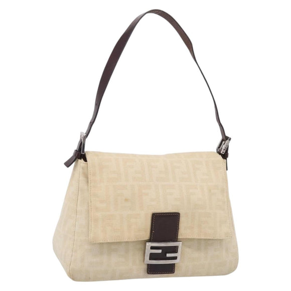 FENDI Zucca Canvas Mamma Baguette Shoulder Bag Beige Silver Auth bs38073A