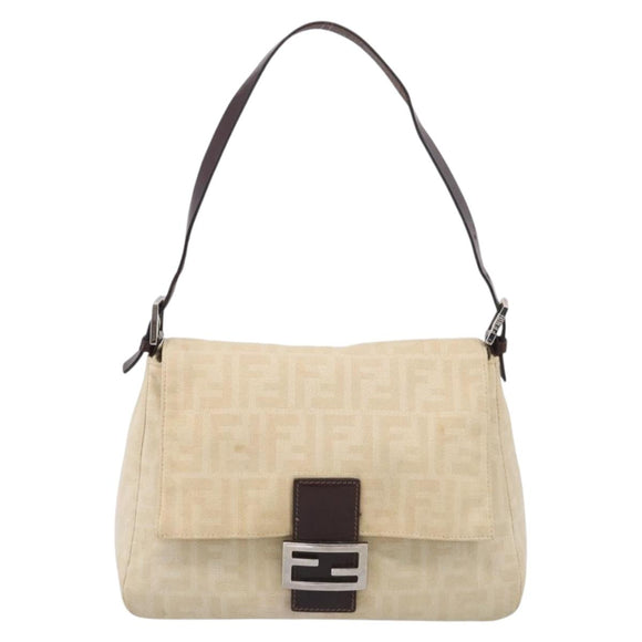 FENDI Zucca Canvas Mamma Baguette Shoulder Bag Beige Silver Auth bs38073A