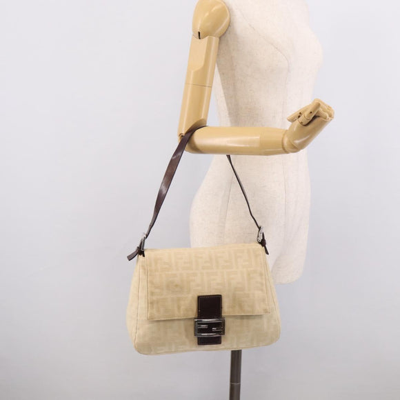 FENDI Zucca Canvas Mamma Baguette Shoulder Bag Beige Silver Auth bs38073A