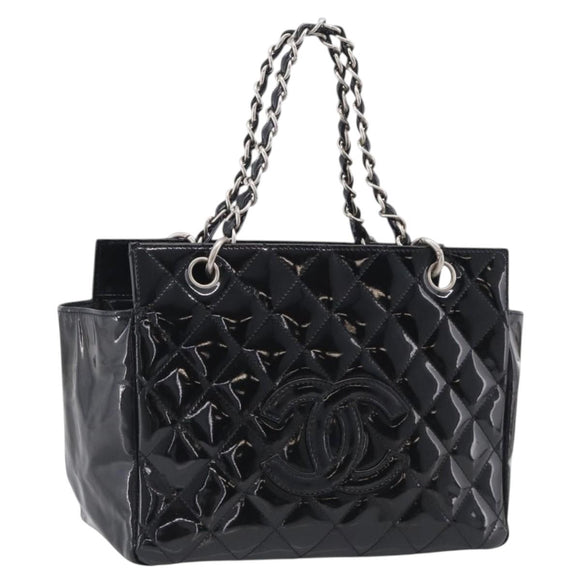 CHANEL Chain Matelasse Shoulder Bag Patent Leather Black Silver CC Auth bs38075