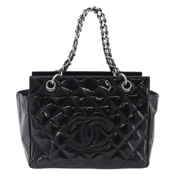 CHANEL Chain Matelasse Shoulder Bag Patent Leather Black Silver CC Auth bs38075