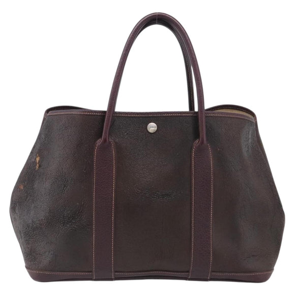 HERMES Amazonia Garden Party PM Hand Bag Leather Brown Silver Auth bs38084