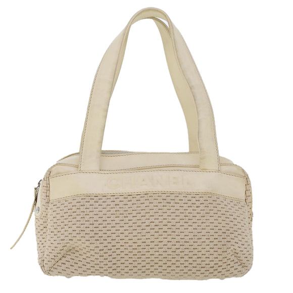 CHANEL Shoulder Bag Canvas Leather White CC Auth bs6137