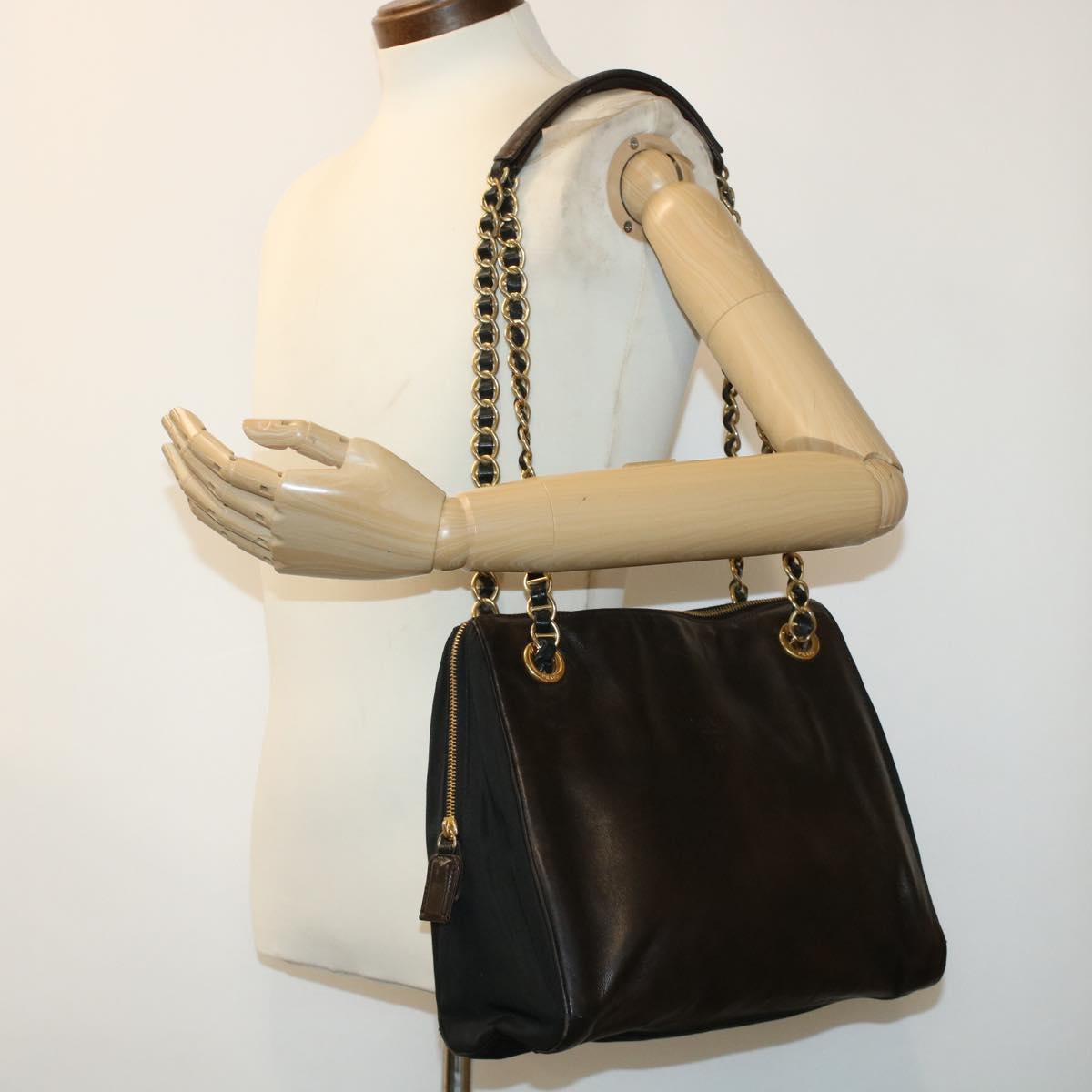 PRADA Chain Shoulder Bag Leather Nylon Brown Black Auth bs6142