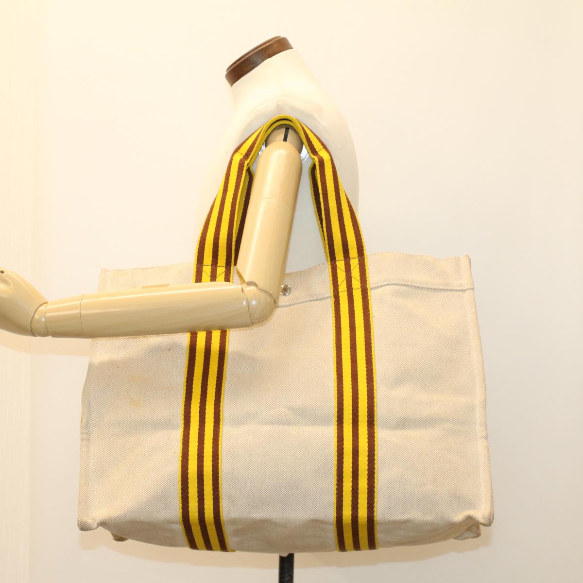 HERMES Bora Bora GM Hand Bag Canvas Beige Yellow Brown Auth bs6970