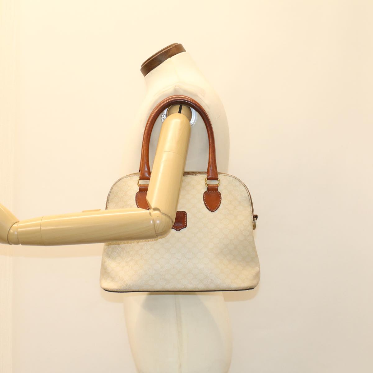 CELINE Macadam Canvas Hand Bag PVC Leather White Auth bs7123
