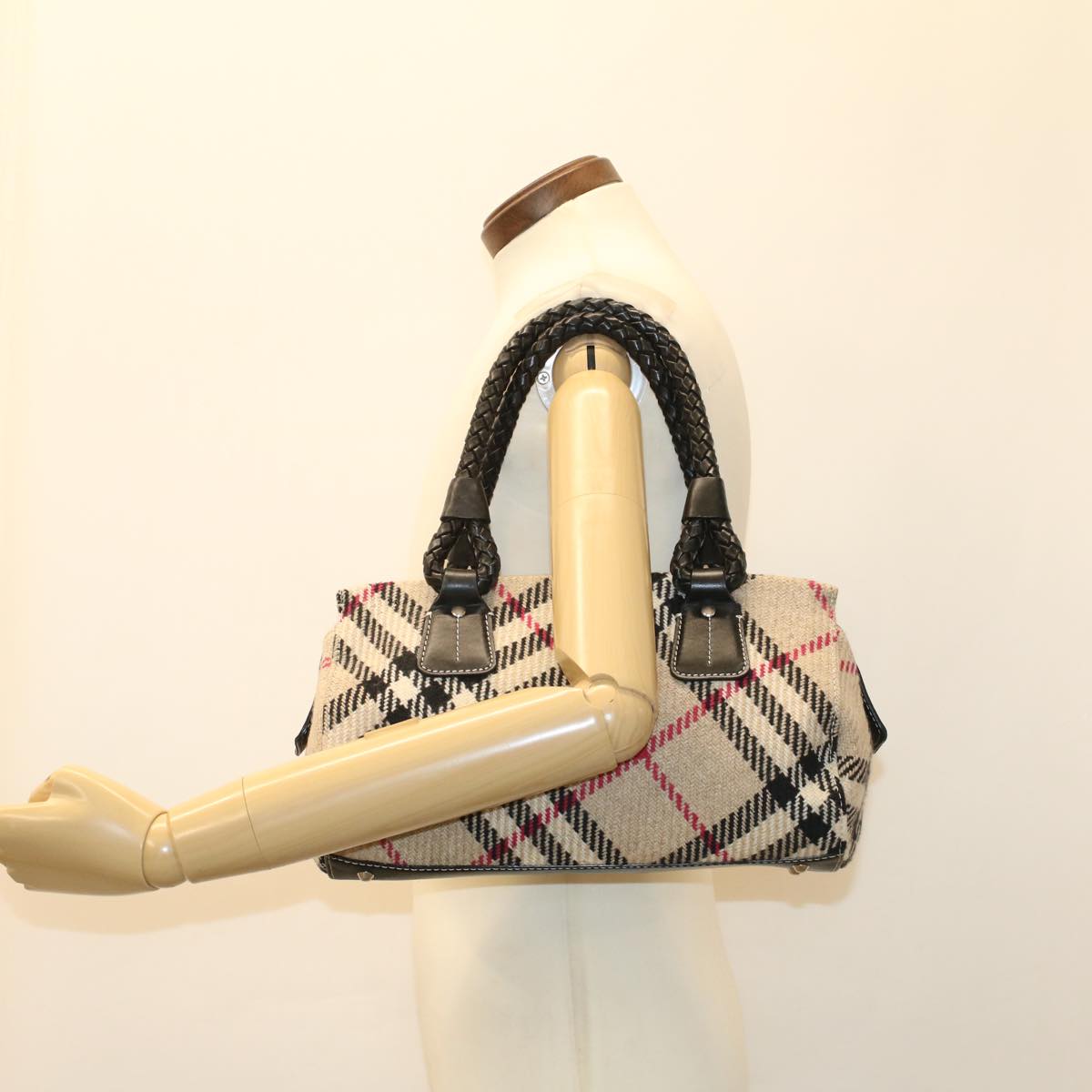 BURBERRY Nova Check Hand Bag Wool Leather Beige Auth bs7371