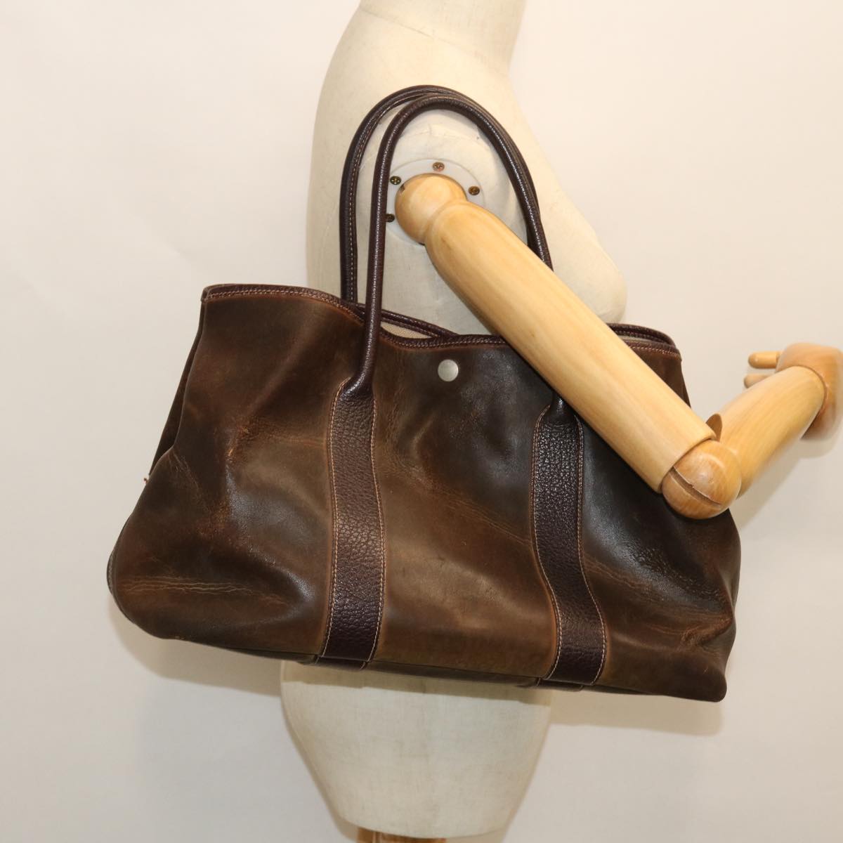 HERMES Garden Party PM Tote Bag Leather Amazonia Brown Auth bs7528