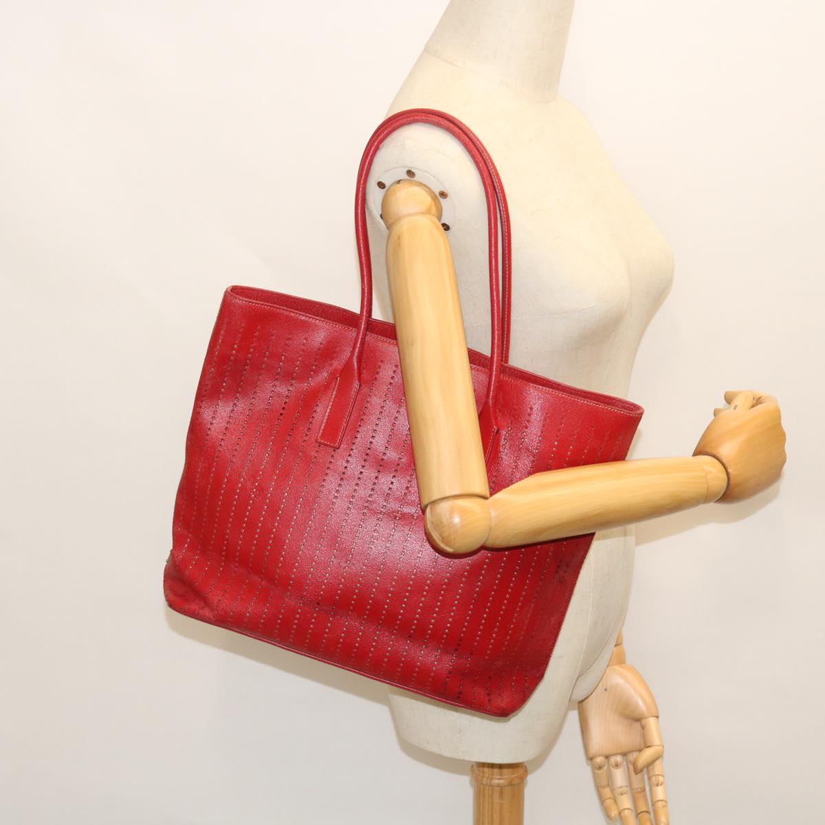 PRADA Tote Bag Leather Red Auth bs7661