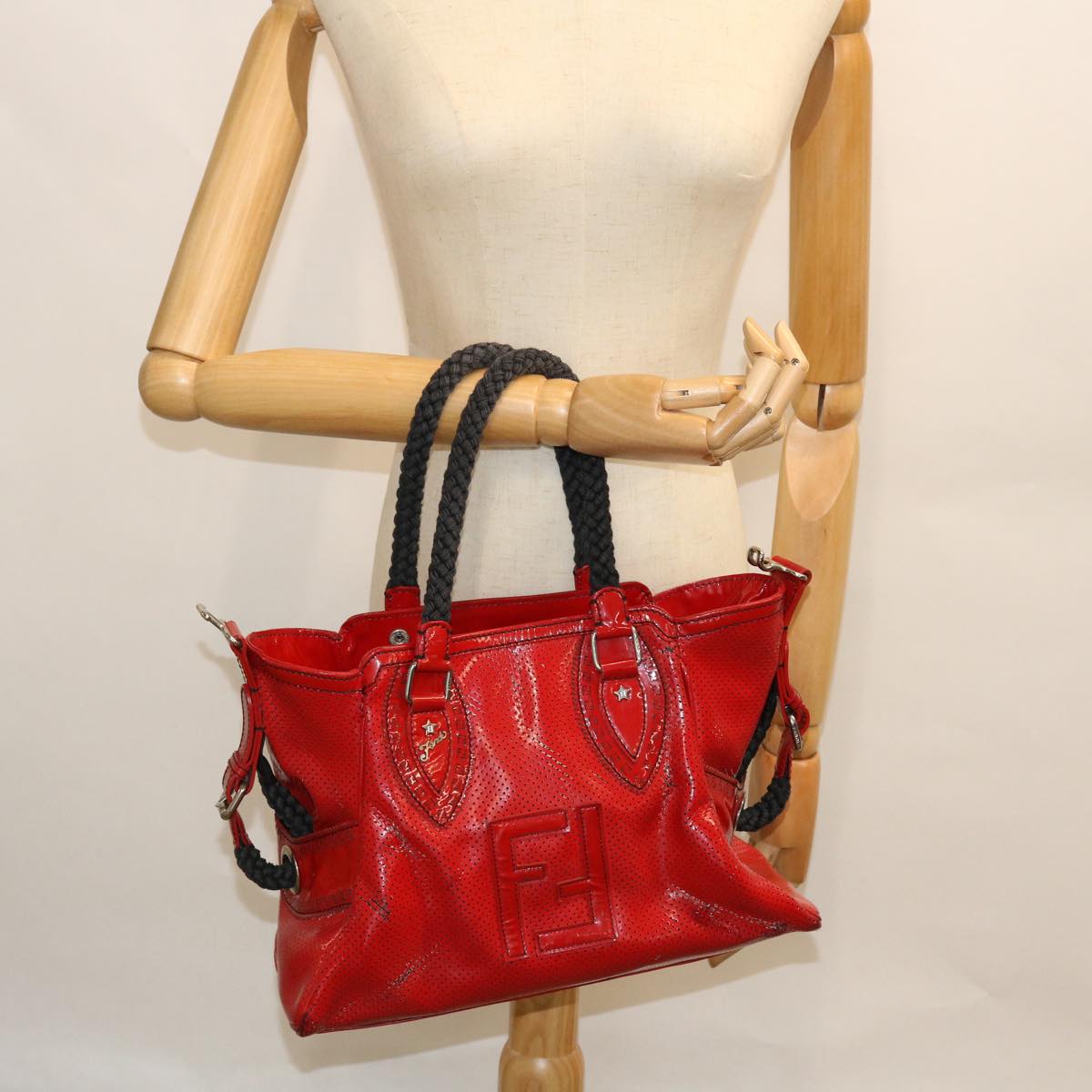 FENDI Hand Bag Enamel Red Auth bs7758