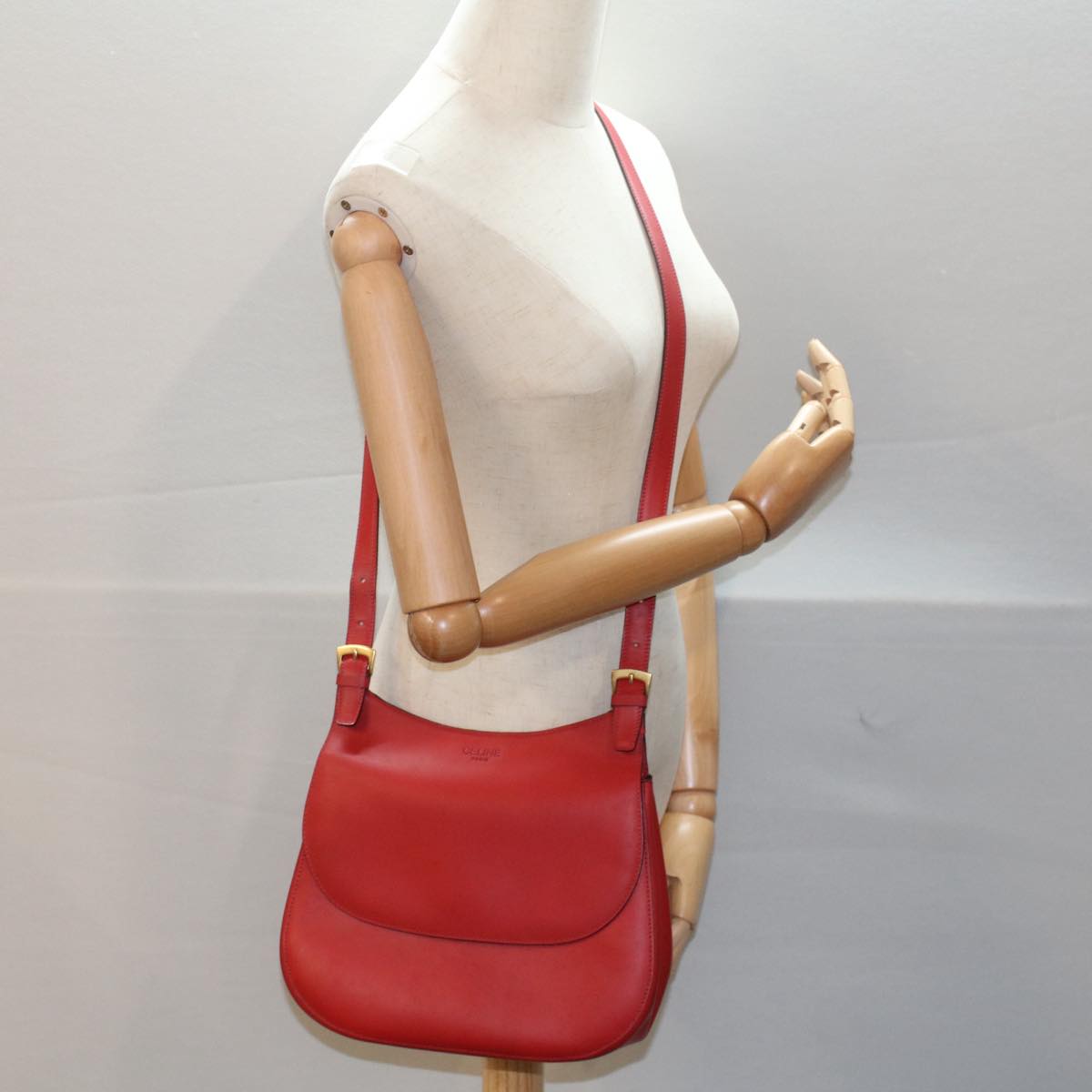 CELINE Shoulder Bag Leather Red Auth bs7778