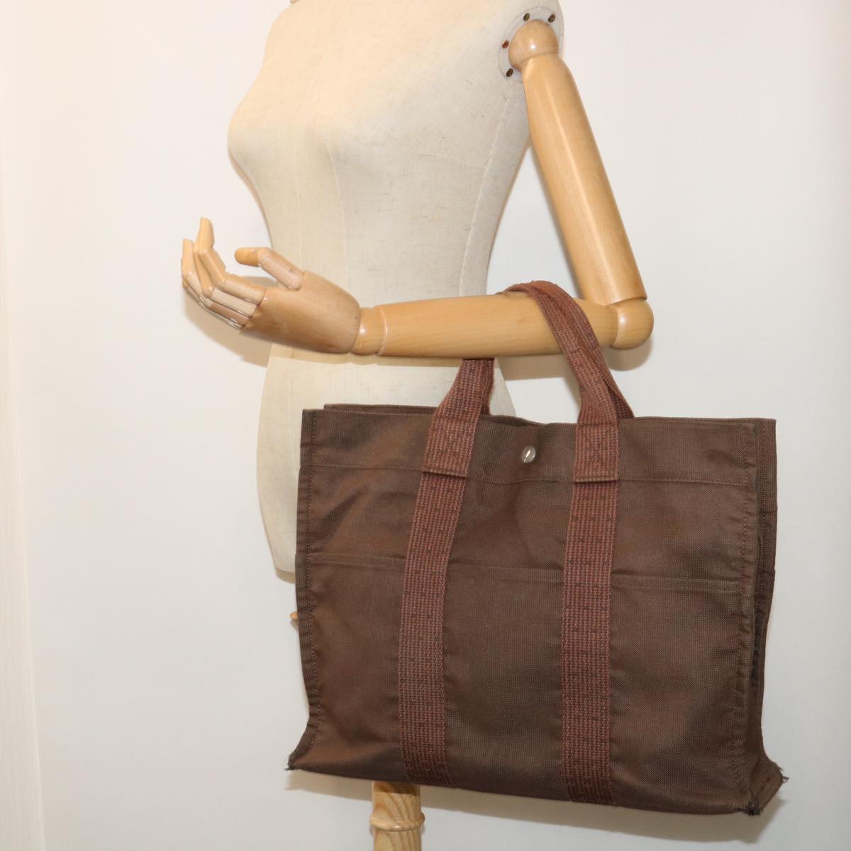HERMES Her Line MM Hand Bag Canvas Brown Auth bs7781