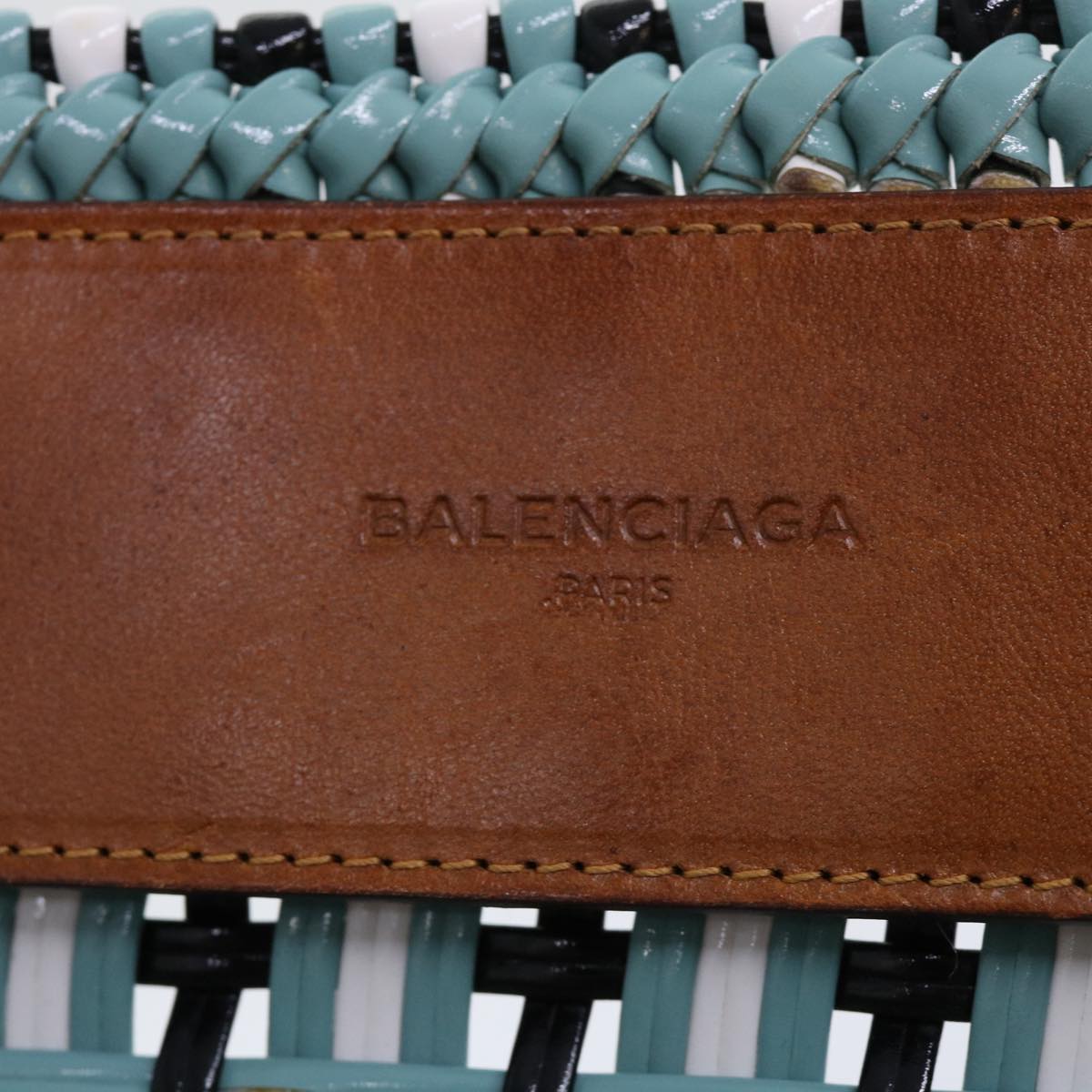BALENCIAGA Tote Bag Leather Light Blue Black White Auth bs7863