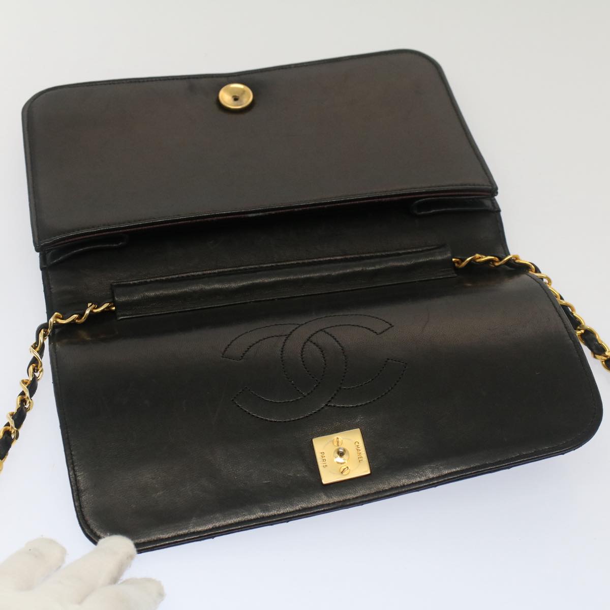 CHANEL Matelasse Chain Shoulder Bag Lamb Skin Black CC Auth bs7898