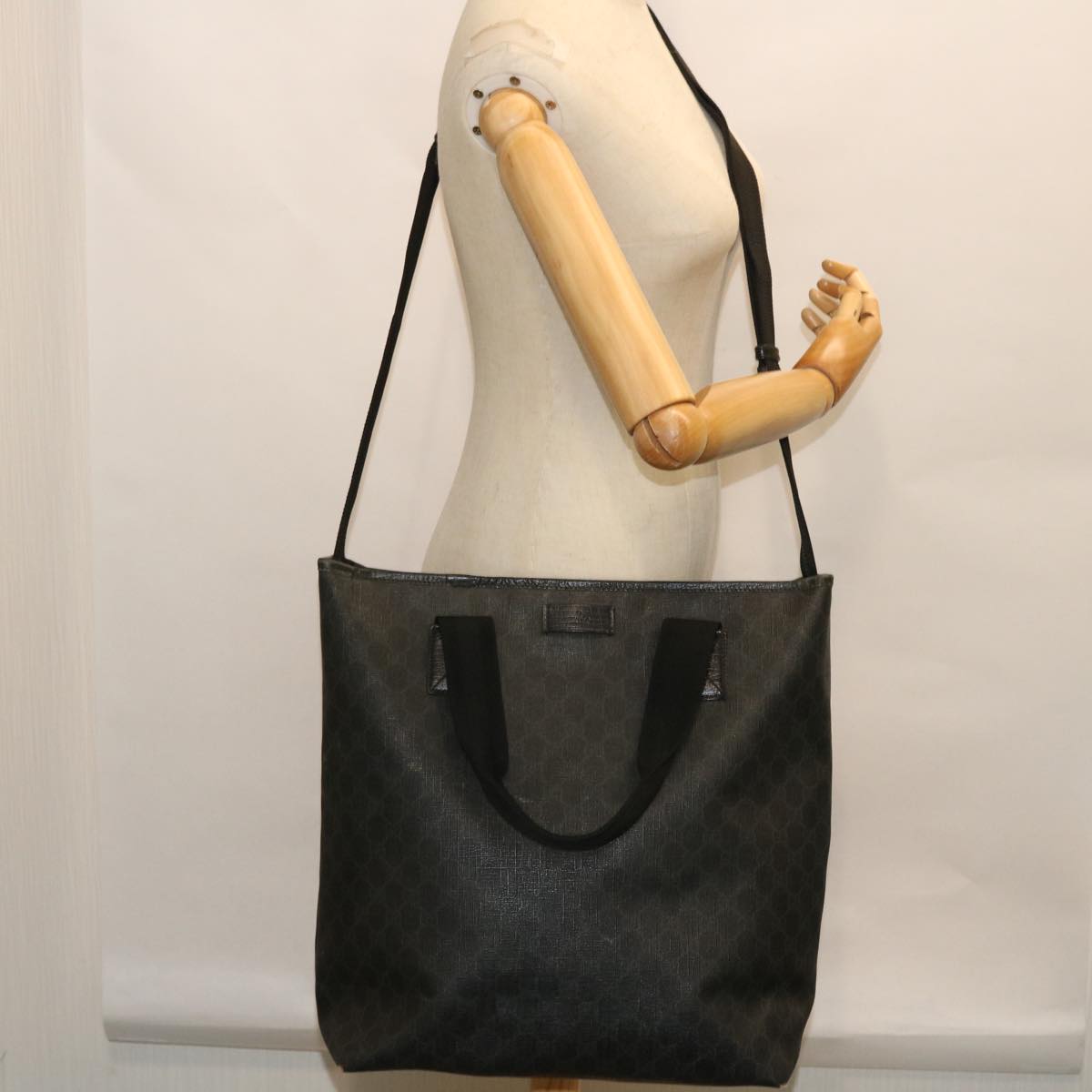 GUCCI GG Canvas Tote Bag PVC Leather 2way Black 162163 Auth bs7983