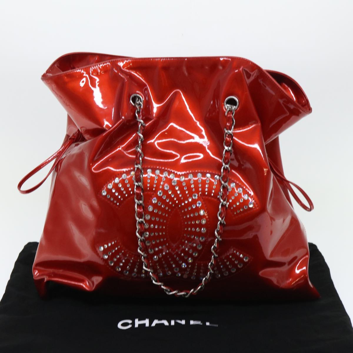 CHANEL Chain Shoulder Bag Patent leather Red CC Auth bs8026