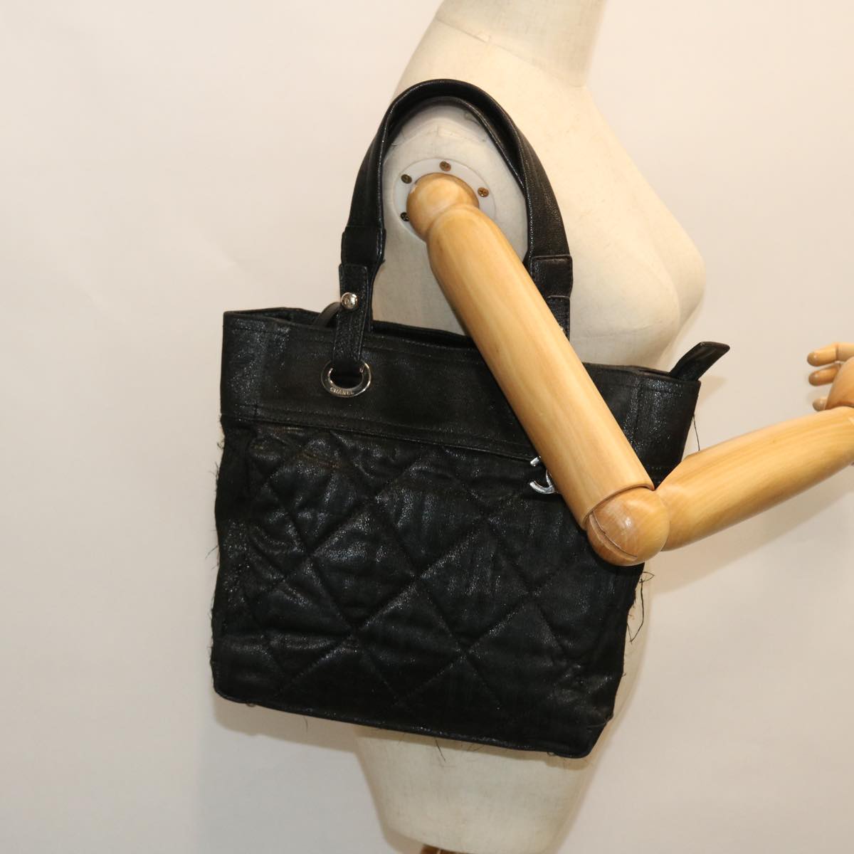 CHANEL Paris Biarritz Shoulder Bag Coated Canvas Black CC Auth bs8049
