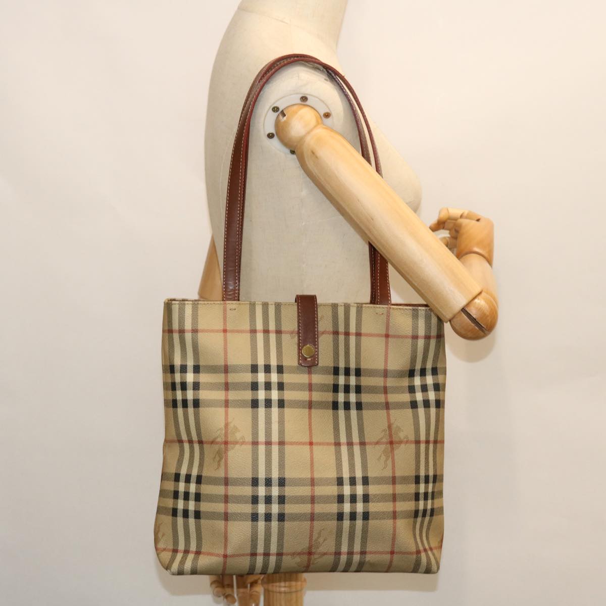 BURBERRY Nova Check Tote Bag PVC Leather Beige Brown black Auth bs8096