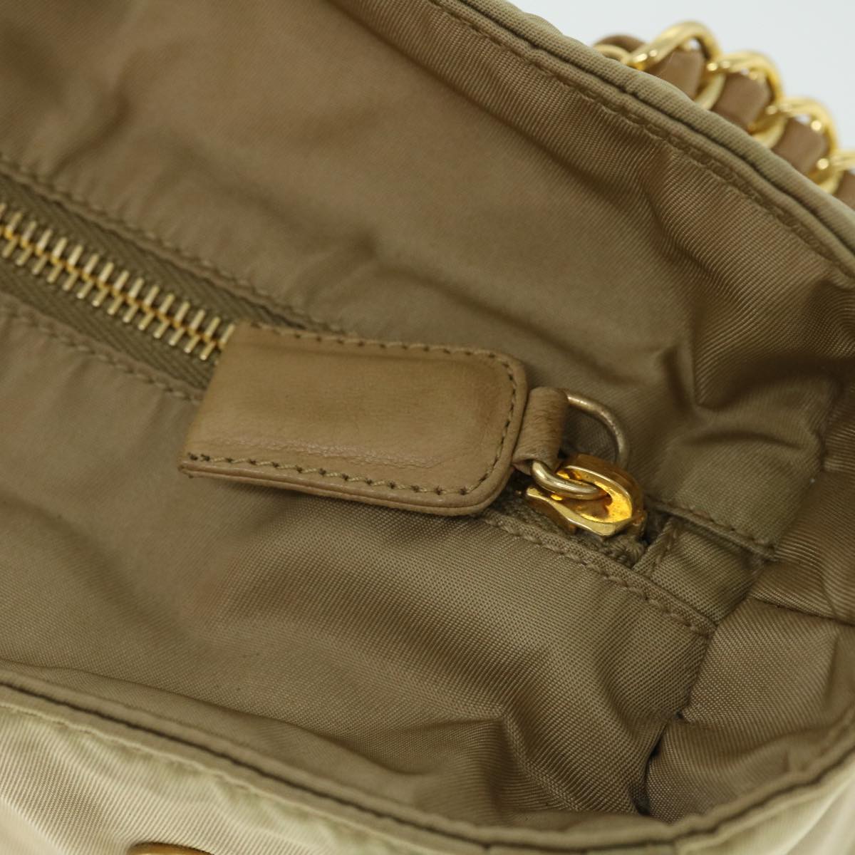 PRADA Chain Shoulder Bag Nylon Beige Auth bs8098