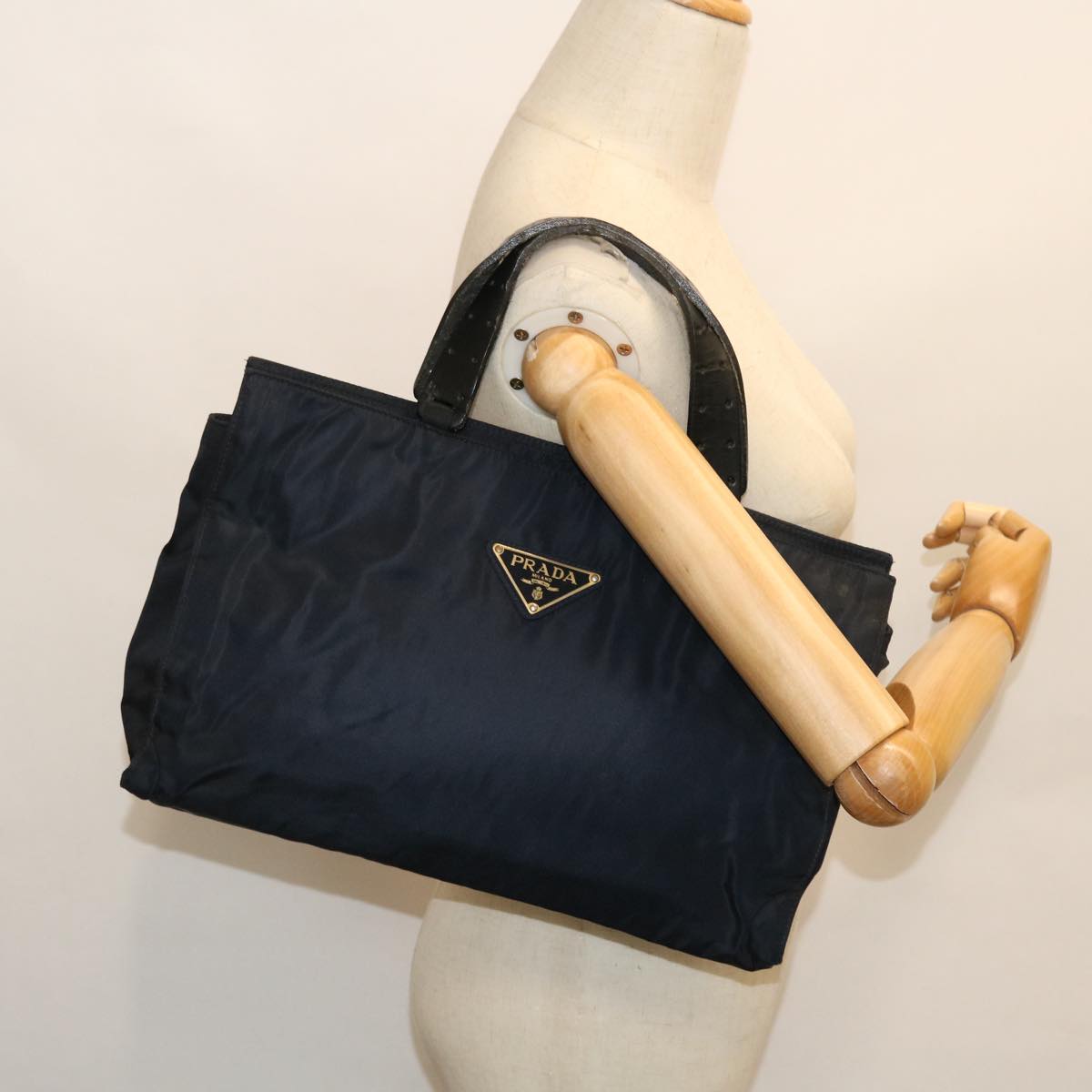 PRADA Hand Bag Nylon Leather Navy Black Auth bs8105