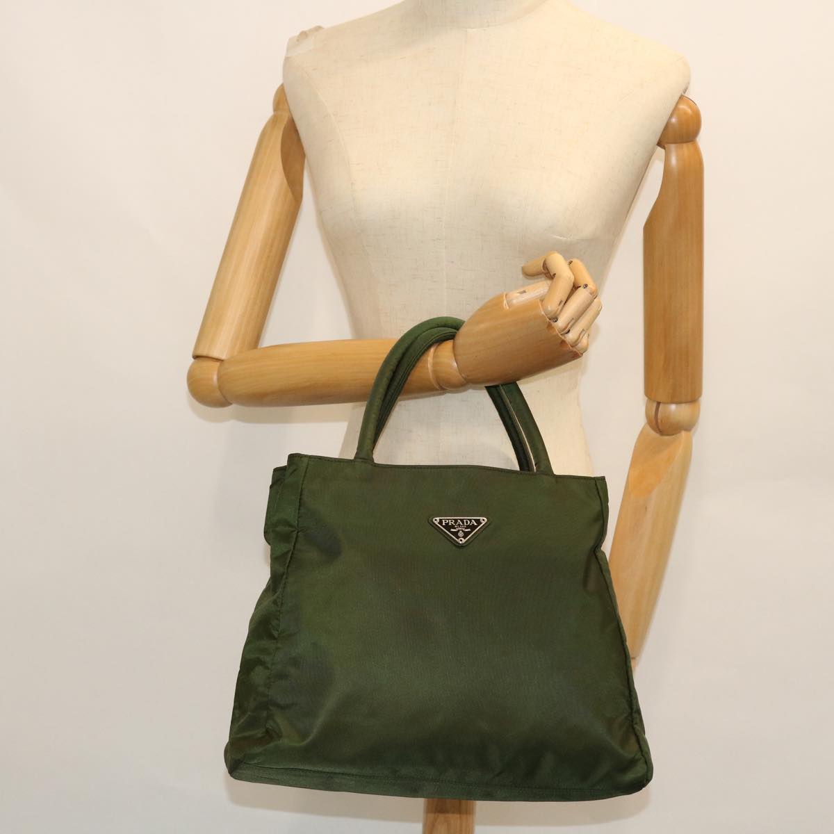 PRADA Hand Bag Nylon Khaki Auth bs8191