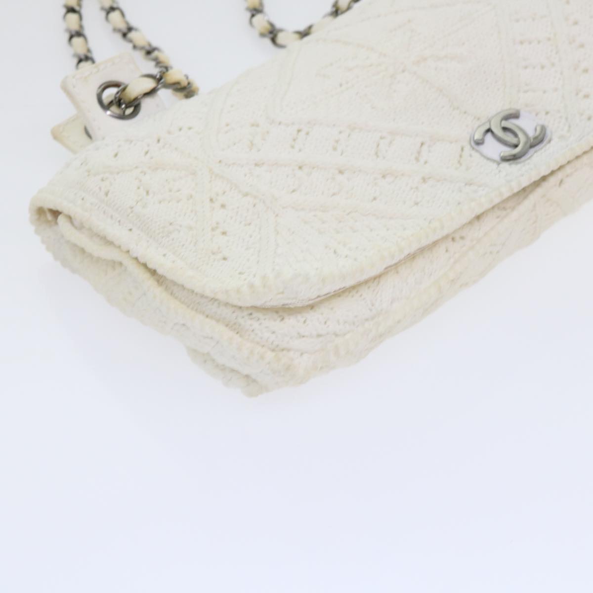 CHANEL Braid Flap Chain Shoulder Bag Cotton White CC Auth bs8243