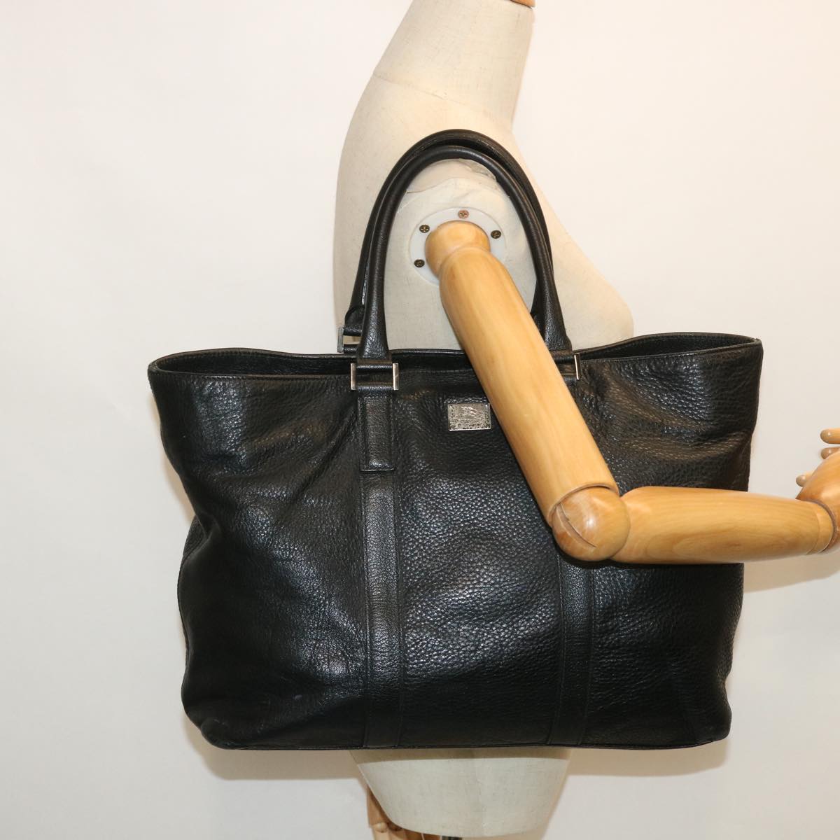 BURBERRY Black label Tote Bag Leather Black Auth bs8359