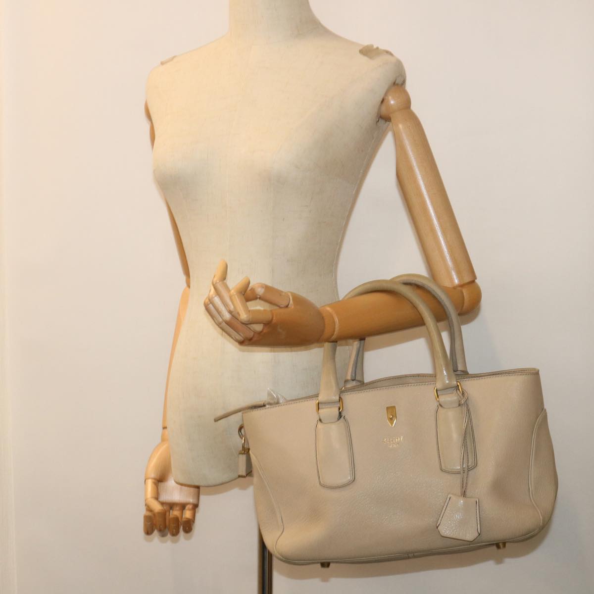 CELINE Hand Bag Leather Beige Auth bs8421