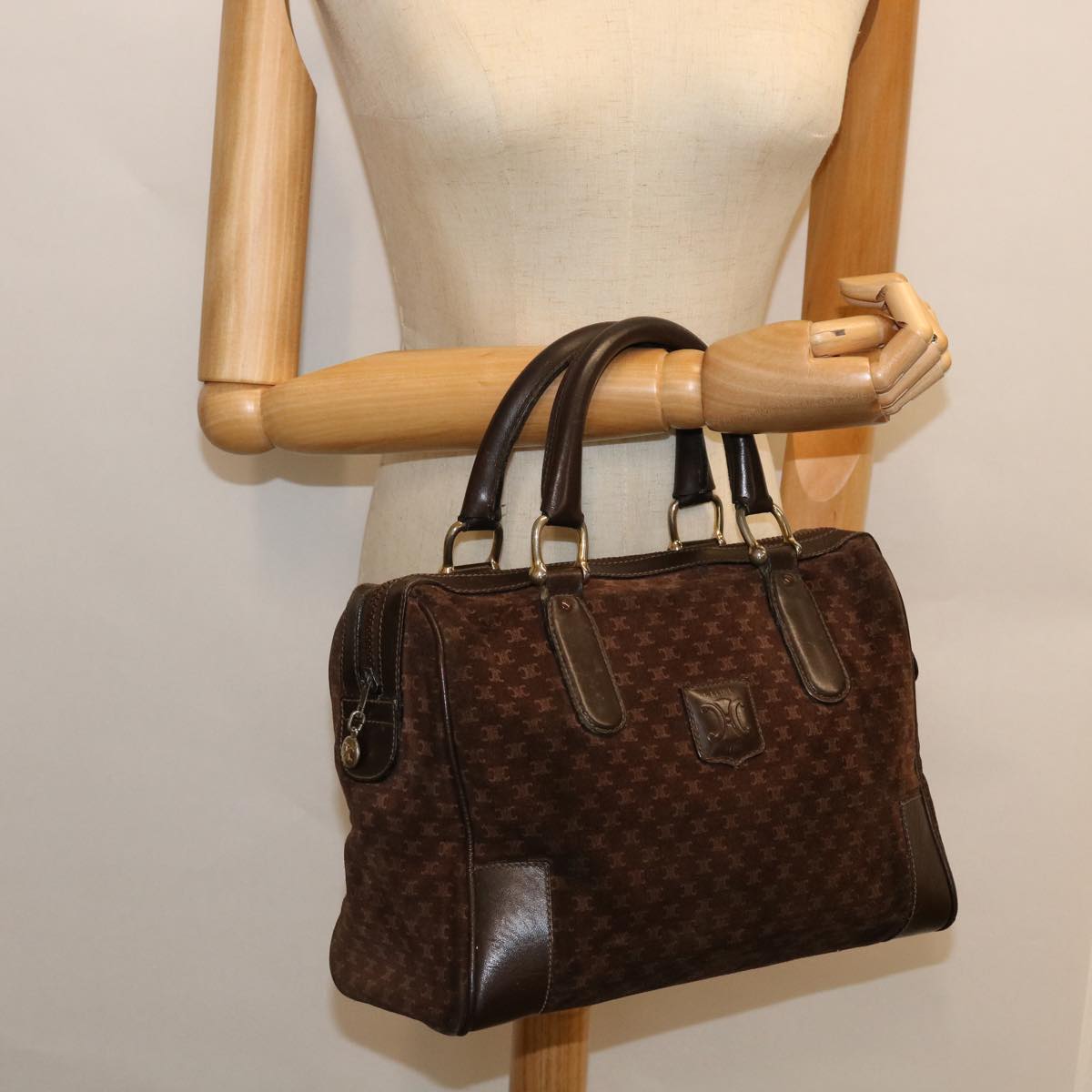 CELINE Macadam Canvas Boston Bag Leather Brown Auth bs8433