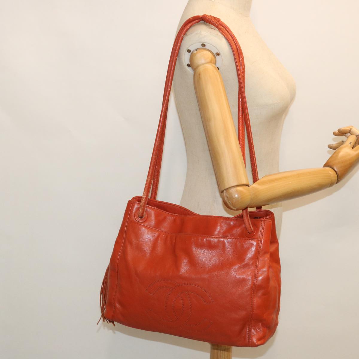 CHANEL Shoulder Bag Lamb Skin Orange CC Auth bs8496