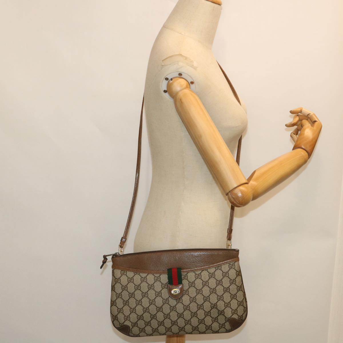 GUCCI GG Canvas Web Sherry Line Shoulder Bag Beige Red 904 02 026 Auth bs8545