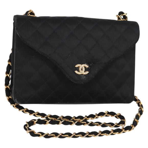 CHANEL Matelasse Chain Shoulder Bag Satin Black Gold CC Auth bs8554