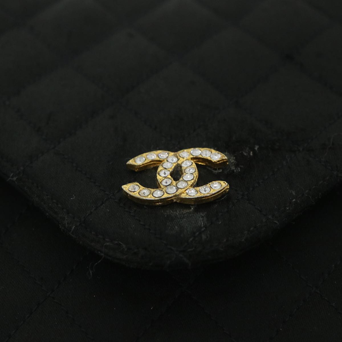 CHANEL Matelasse Chain Shoulder Bag Satin Black CC Auth bs8554