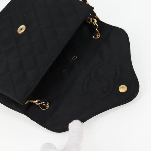 CHANEL Matelasse Chain Shoulder Bag Satin Black Gold CC Auth bs8554
