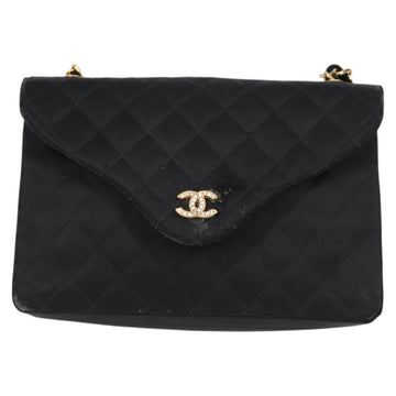 CHANEL Matelasse Chain Shoulder Bag Satin Black Gold CC Auth bs8554 - 0