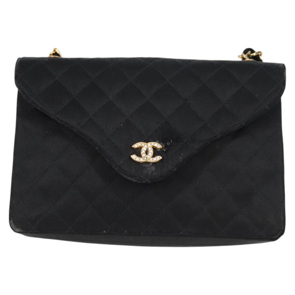 CHANEL Matelasse Chain Shoulder Bag Satin Black Gold CC Auth bs8554