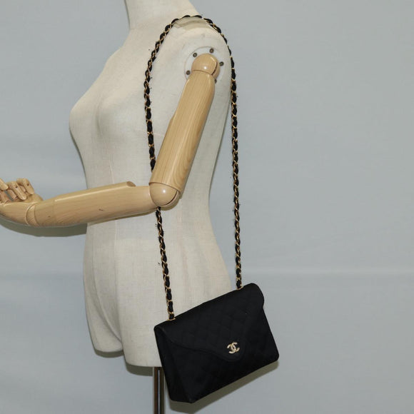 CHANEL Matelasse Chain Shoulder Bag Satin Black Gold CC Auth bs8554
