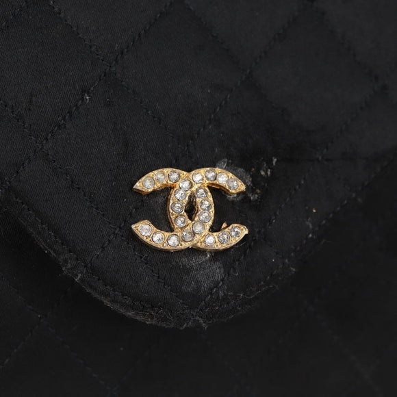 CHANEL Matelasse Chain Shoulder Bag Satin Black Gold CC Auth bs8554
