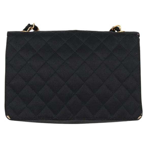 CHANEL Matelasse Chain Shoulder Bag Satin Black Gold CC Auth bs8554