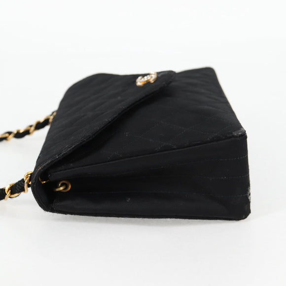 CHANEL Matelasse Chain Shoulder Bag Satin Black Gold CC Auth bs8554