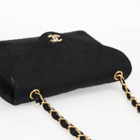 CHANEL Matelasse Chain Shoulder Bag Satin Black Gold CC Auth bs8554