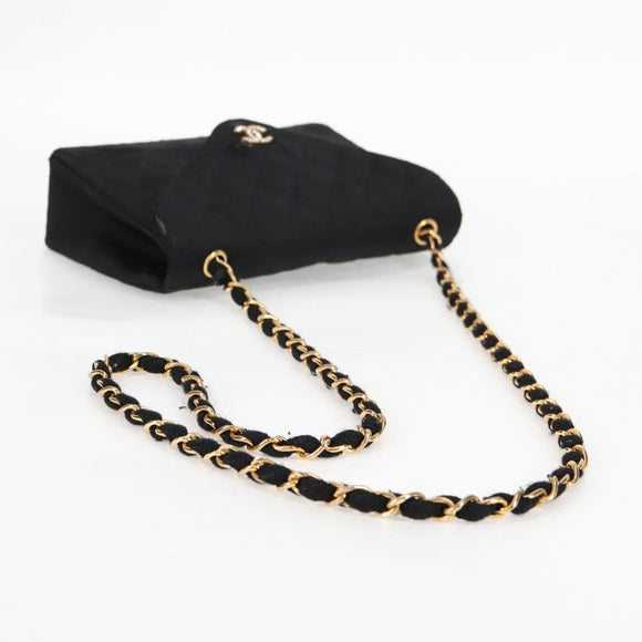 CHANEL Matelasse Chain Shoulder Bag Satin Black Gold CC Auth bs8554