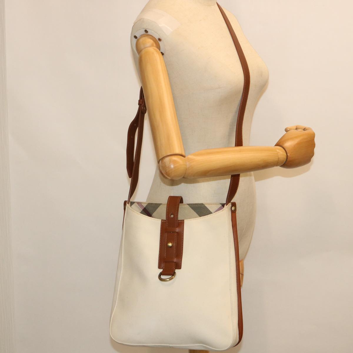 BURBERRY Shoulder Bag Canvas White Auth bs8689