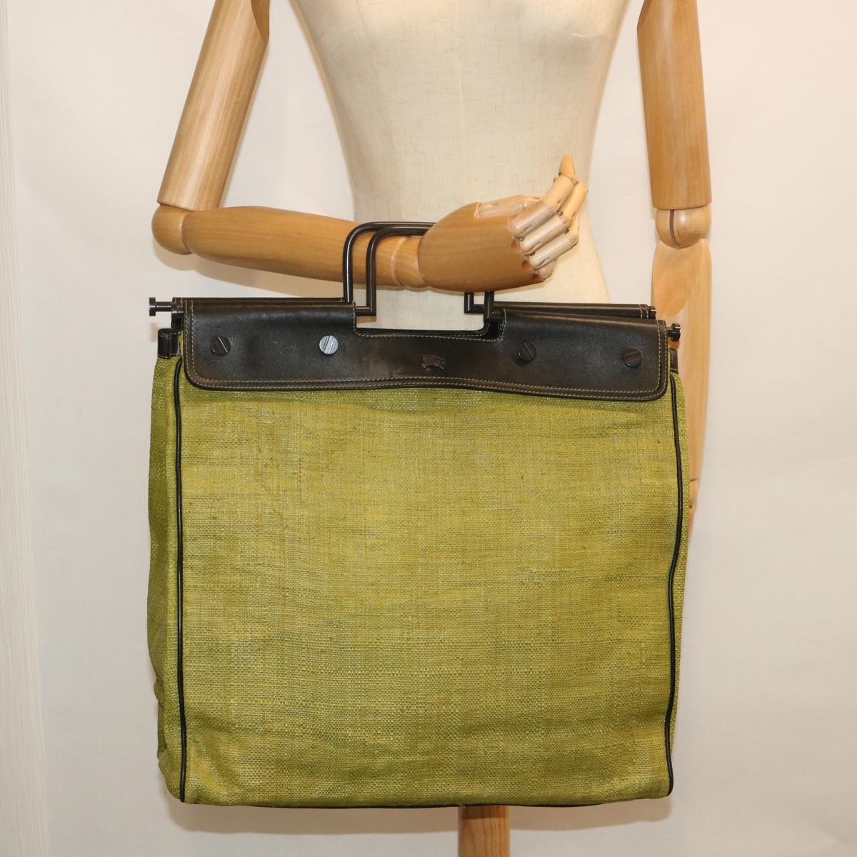 BURBERRY Hand Bag Straw Leather Green Auth bs8693