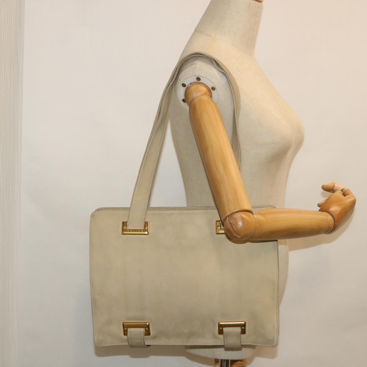 CELINE Shoulder Bag Suede Beige Auth bs8698