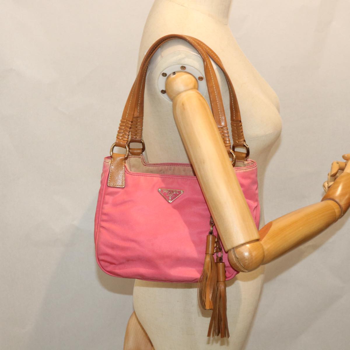 PRADA Hand Bag Nylon Pink Brown Auth bs8769