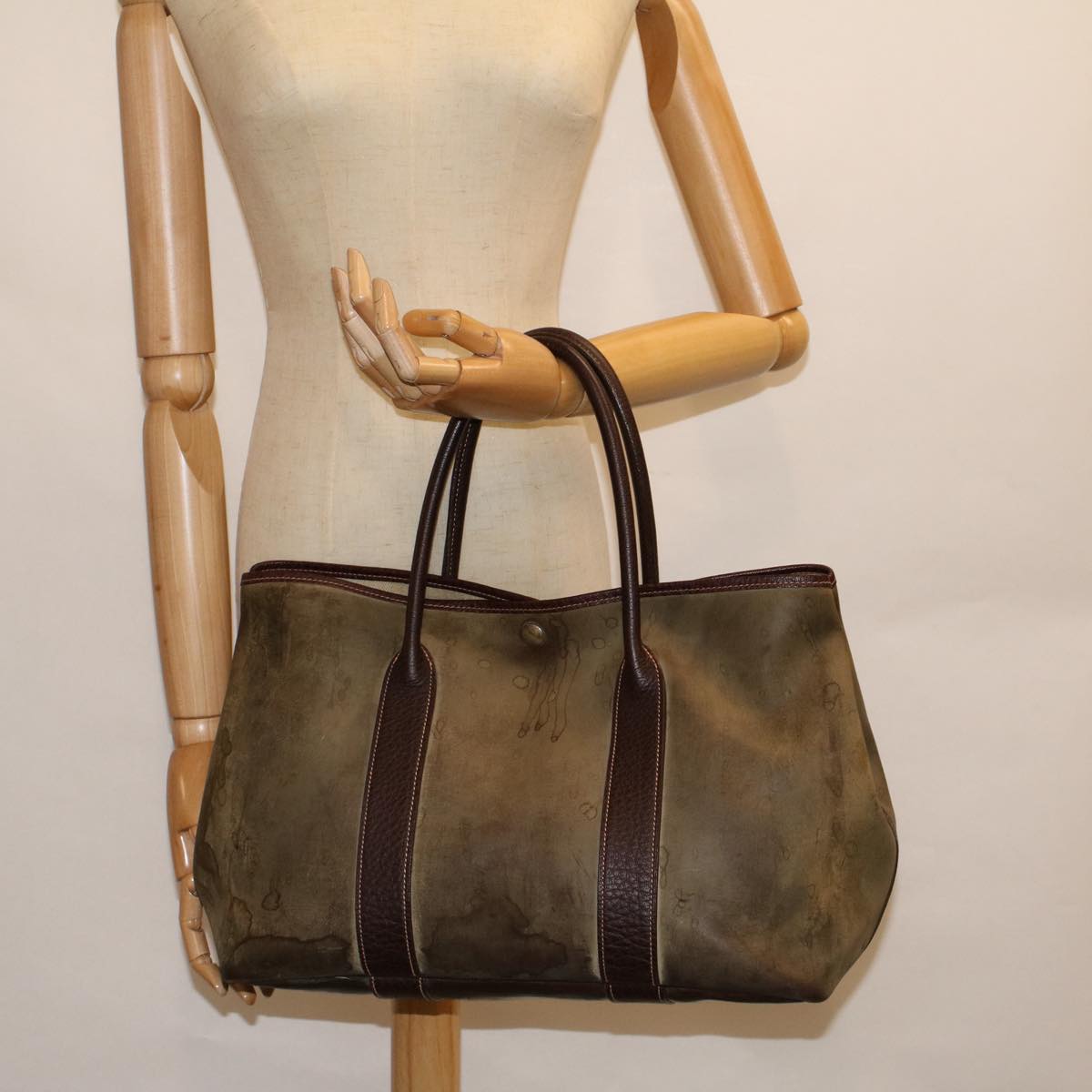 HERMES Garden Party PM Hand Bag Coated Canvas Leather Gray Brown Auth bs8813