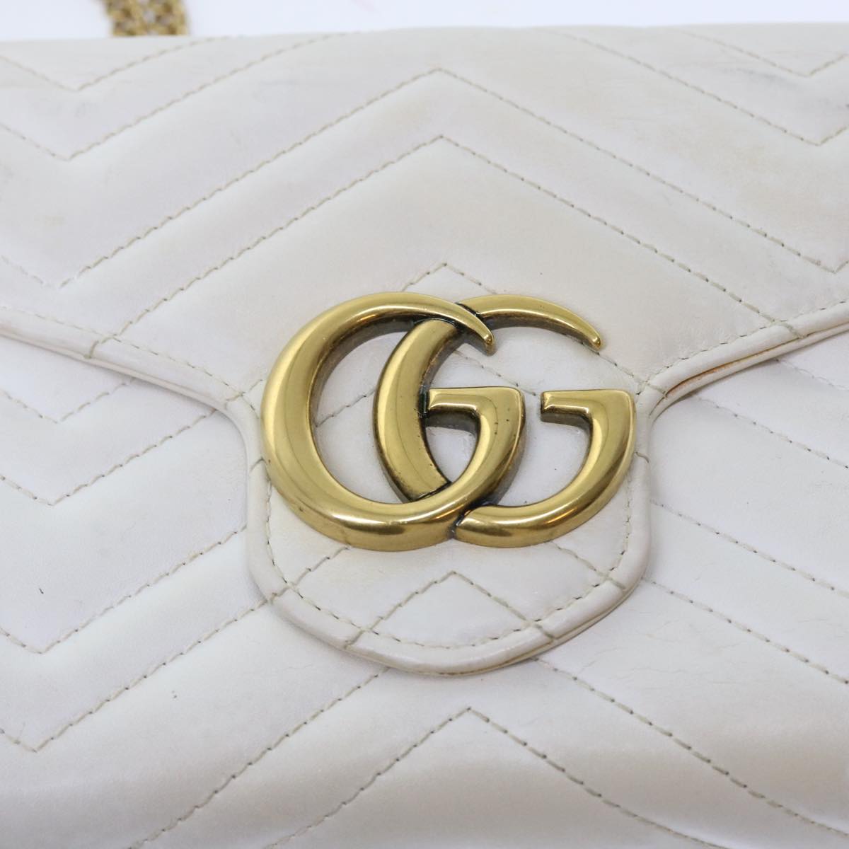 GUCCI Chain Shoulder Bag Leather White 474575 2149 Auth bs8823