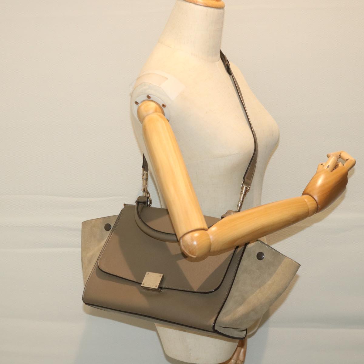 CELINE Trapeze Hand Bag Leather 2way Brown Gray Auth bs8887